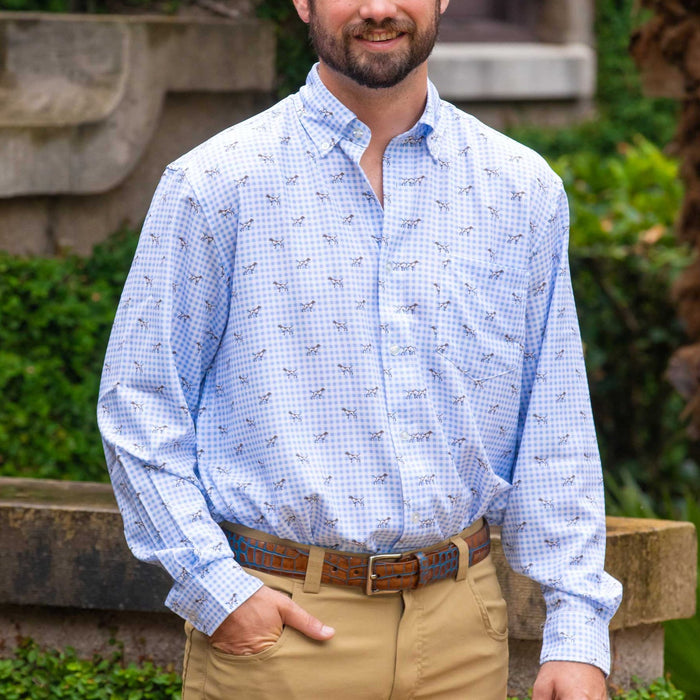 Light blue long-sleeve performance shirt with a pointer dog tattersall print, tailored fit, and button-down collar.