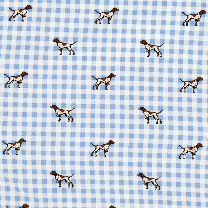 Light blue and white checkered performance fabric with a repeating brown and white pointer dog print pattern.