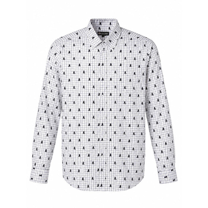 Kevin's long-sleeve performance shirt in white with a black tattersall grid and pointer dog print, moisture-wicking fabric.