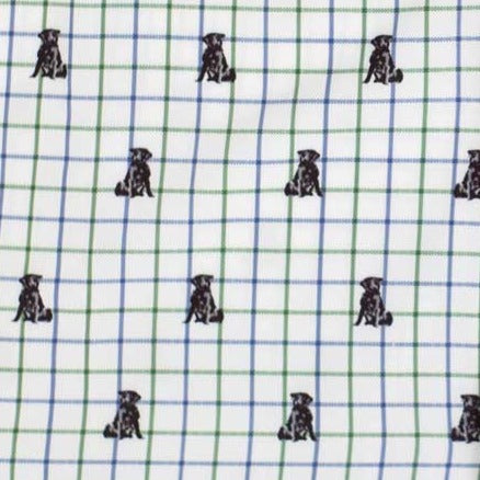 White performance shirt fabric with a blue and green tattersall check pattern featuring a repeating black pointer dog print.