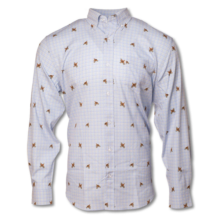 Light blue long-sleeve performance shirt with a tattersall check pattern and flying duck print, featuring a button-down collar.
