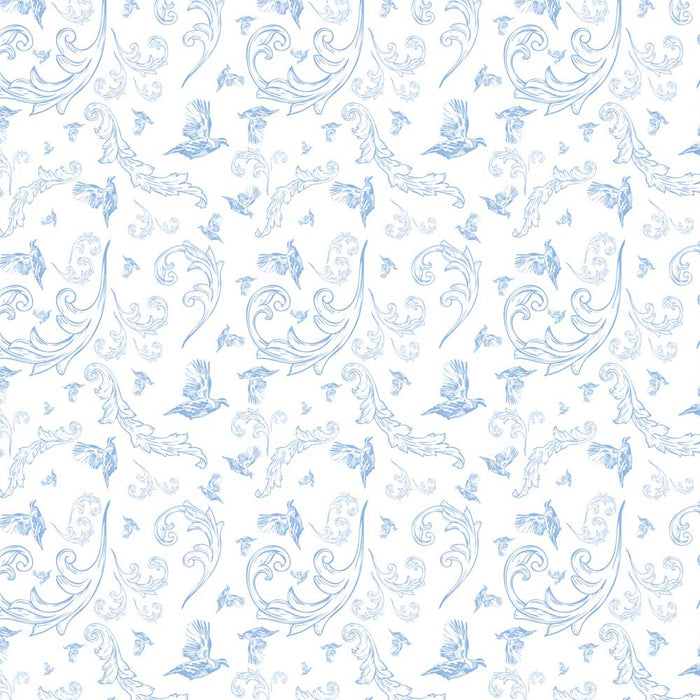 Cotton napkin featuring a blue and white toile pattern with Bobwhite quail and elegant scrolling floral motifs.