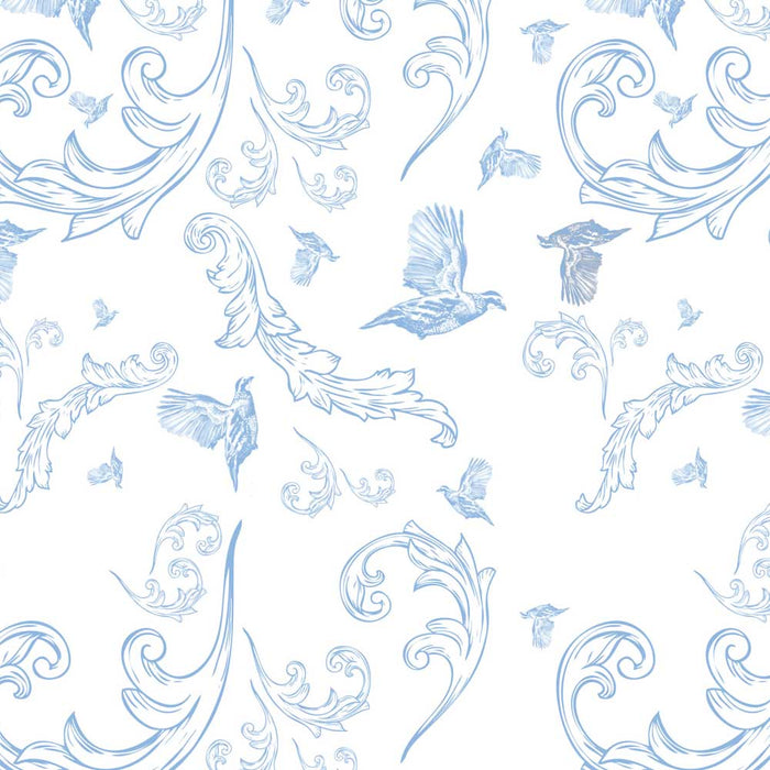 Blue and white toile tablecloth featuring Kat McCall’s Bobwhite Quail artwork and elegant scrolling floral patterns.