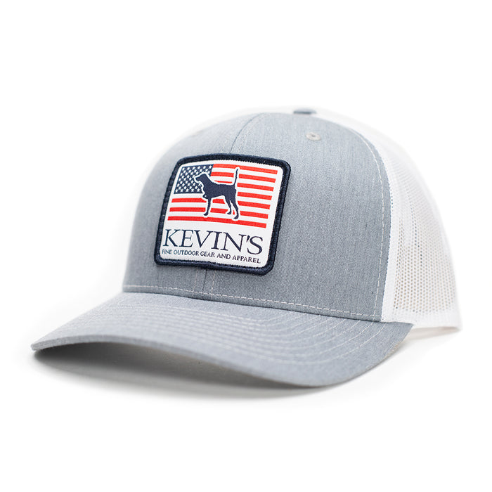 Grey and white Richardson trucker cap featuring a Kevin's pointer dog and American flag patch on the front.