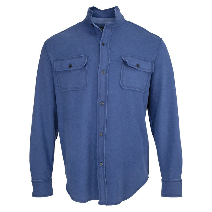 Blue sueded shirt jacket with a button-up front, stand collar, and two chest pockets in a soft, versatile fabric.