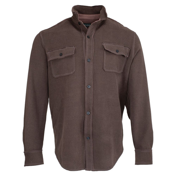 Brown long-sleeve shirt jacket in soft sueded fabric with a button-up front and two chest pockets.