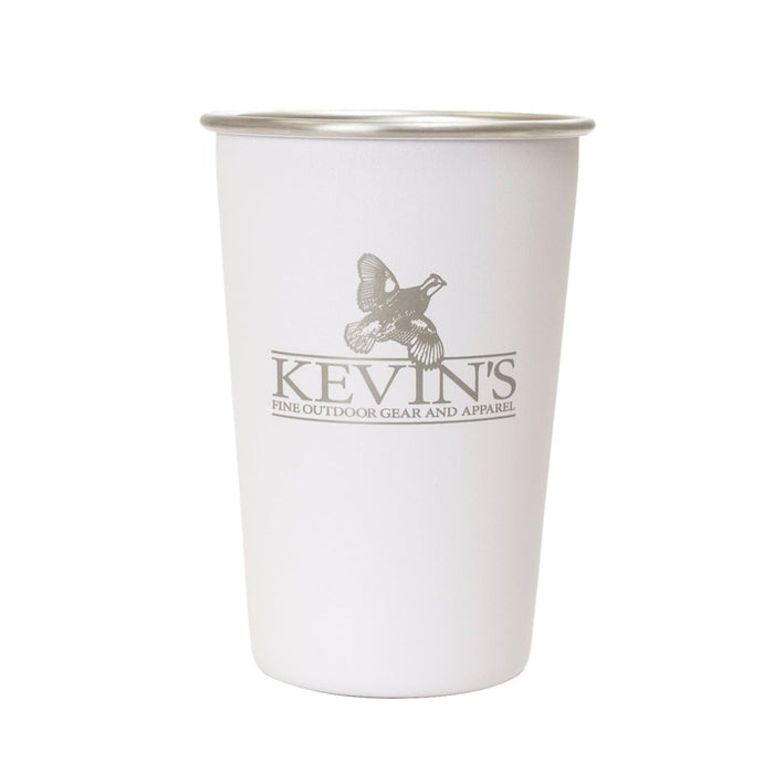 White stainless steel pint cup featuring the Kevin's Fine Outdoor Gear logo in a sleek, durable design.
