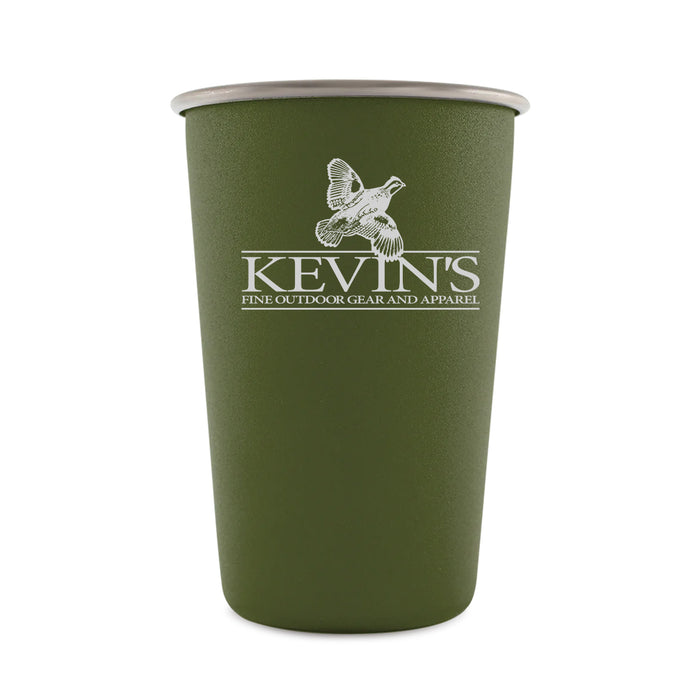 Olive green stainless steel pint cup featuring the white Kevin's Fine Outdoor Gear and Apparel logo on the front.