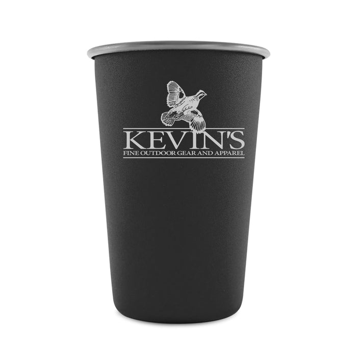 Matte black stainless steel pint cup featuring the Kevin's Fine Outdoor Gear and Apparel logo in white.
