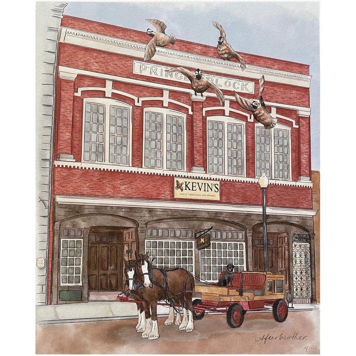 Watercolor illustration of Kevin’s red brick storefront in Thomasville with a horse-drawn carriage and flying birds.