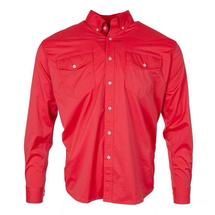 Red long-sleeve performance western shirt with a button-down collar, tailored fit, and dual chest pockets.