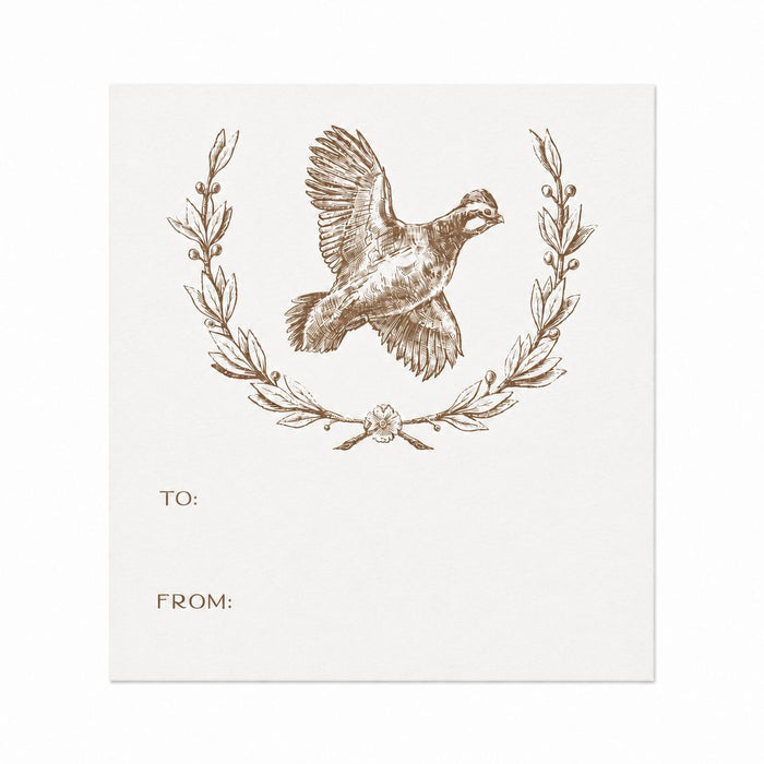 Square white gift sticker featuring a brown quail and wreath illustration with To and From lines.