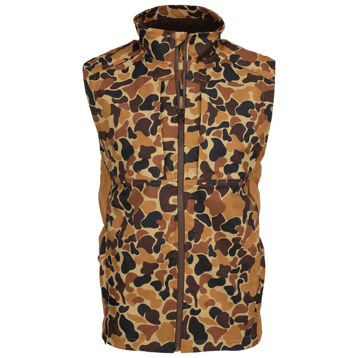 Kevin’s windproof softshell vest in brown camo print with a full-zip front, high collar, and durable, water-resistant fabric.