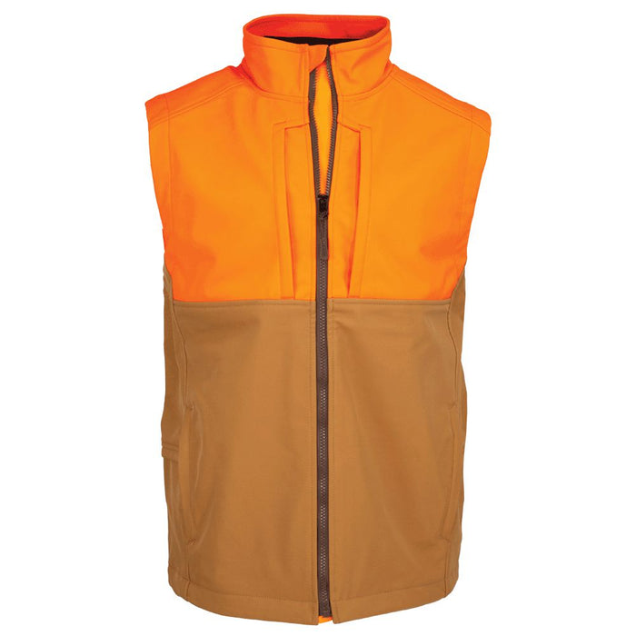 Kevin’s windproof softshell vest in blaze orange and tan with a full-zip front and durable, water-resistant fabric.