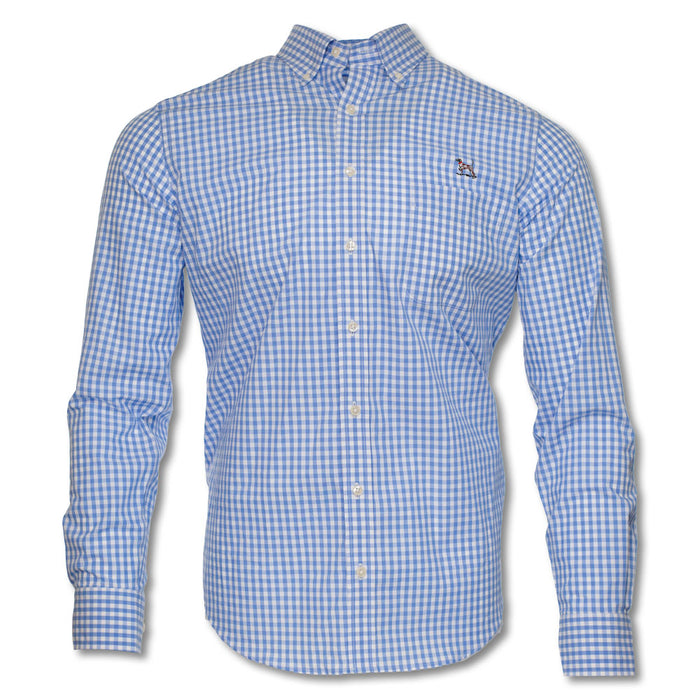 Sky blue gingham long-sleeve button-down shirt with a pointer dog logo on the chest pocket.
