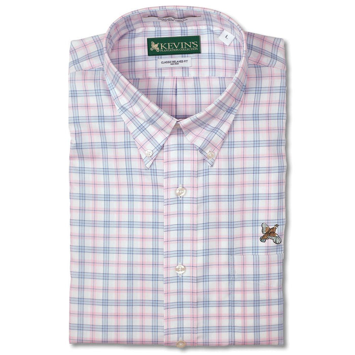 Kevin's wrinkle-free cotton button-down shirt in a pink and blue plaid pattern with a pheasant logo embroidery.