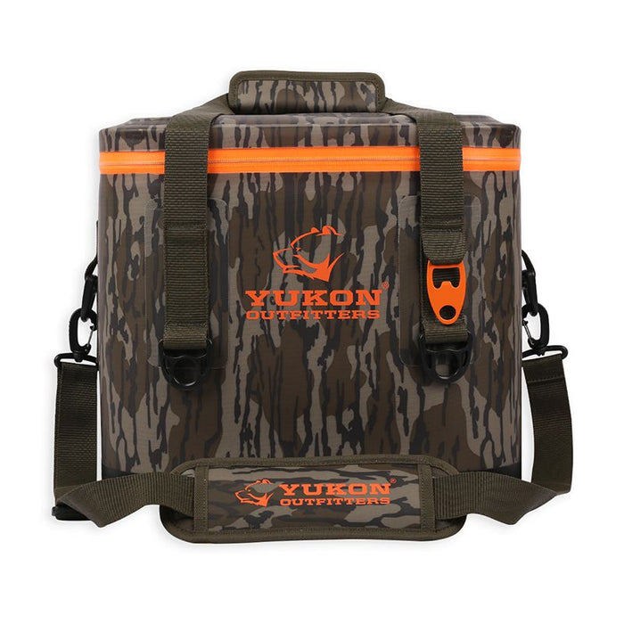 Camo 30-can soft cooler with orange accents, leak-proof zipper, shoulder strap, and integrated bottle opener.