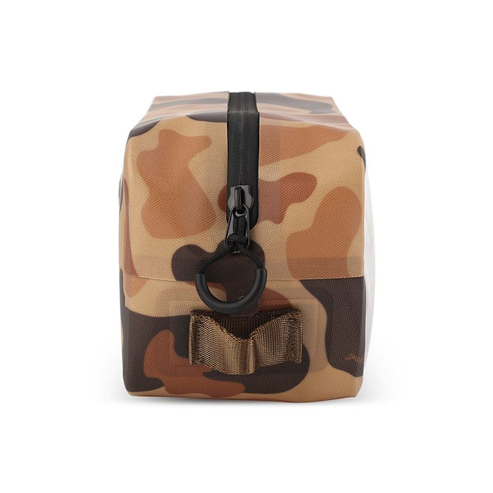 Camo TPU dry bag with a black water-resistant zipper, side carry loop, and durable welded seam construction.