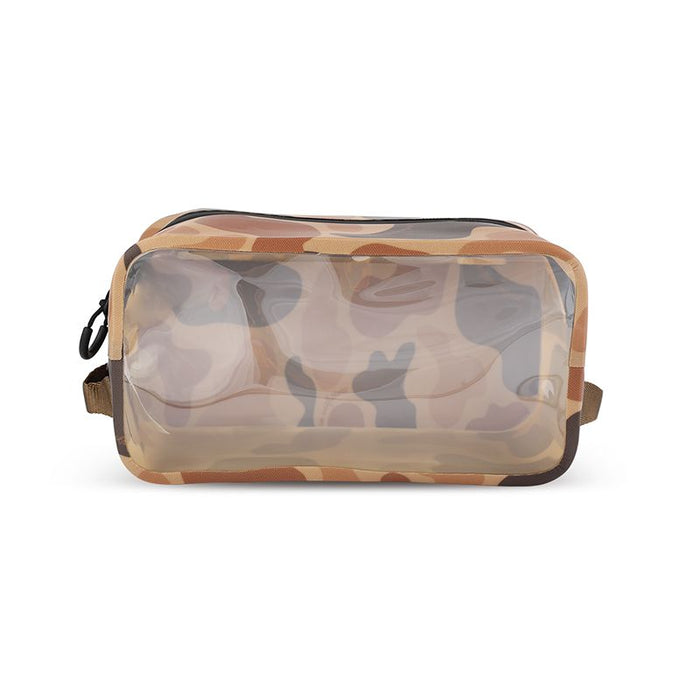 Camo TPU dry bag with a clear front window, black zipper, and durable welded seams for travel organization.