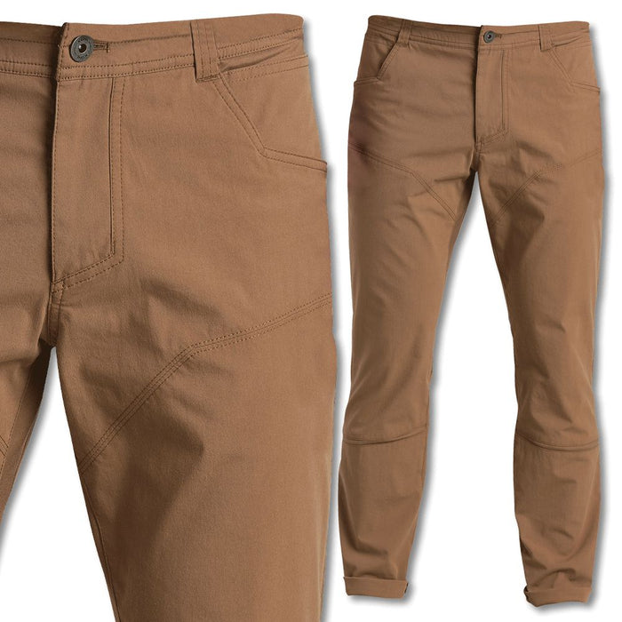 Kuhl Men's Free Radikl pants in brown, featuring durable Enduro fabric, chino-style pockets, and technical stretch panels.