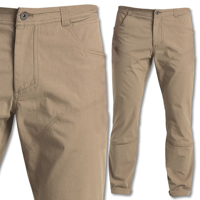 Kuhl Men's Free Radikl tan hiking pants featuring durable Enduro fabric, technical seams, and a tapered fit.