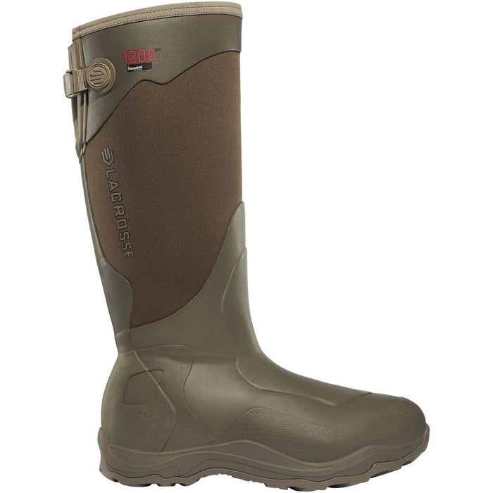 Olive green 17-inch Lacrosse Alpha Agility insulated rubber boot with adjustable calf gusset and 1200G Thinsulate.