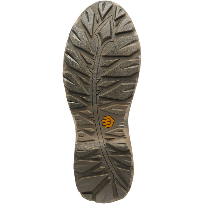Brown rubber outsole of a Lacrosse Alpha Agility boot featuring a deep, aggressive tread pattern and orange logo detail.