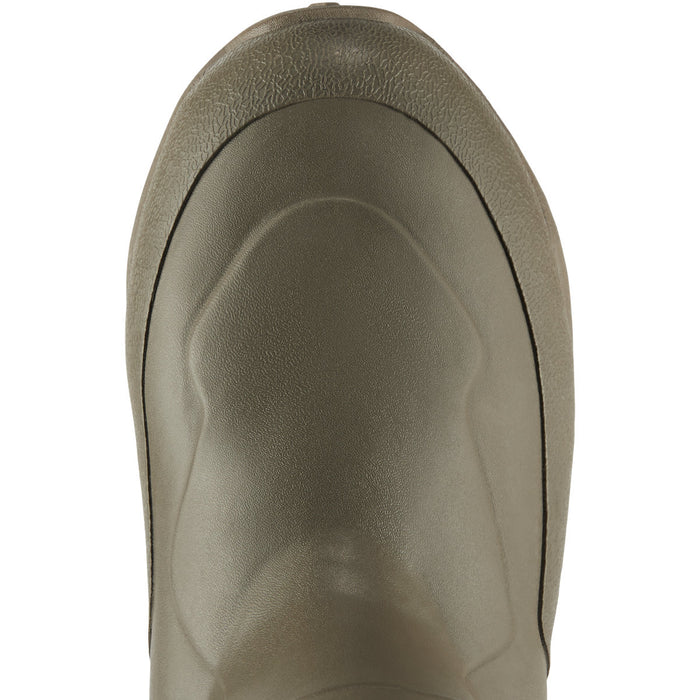 Close-up of olive green Lacrosse Alpha Agility insulated rubber boot toe with textured, waterproof construction.