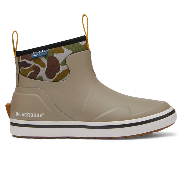 Lacrosse Women's 6" Alpha Deck boot in tan rubber with camo neoprene, Air-Circ liner, and slip-resistant white outsole.