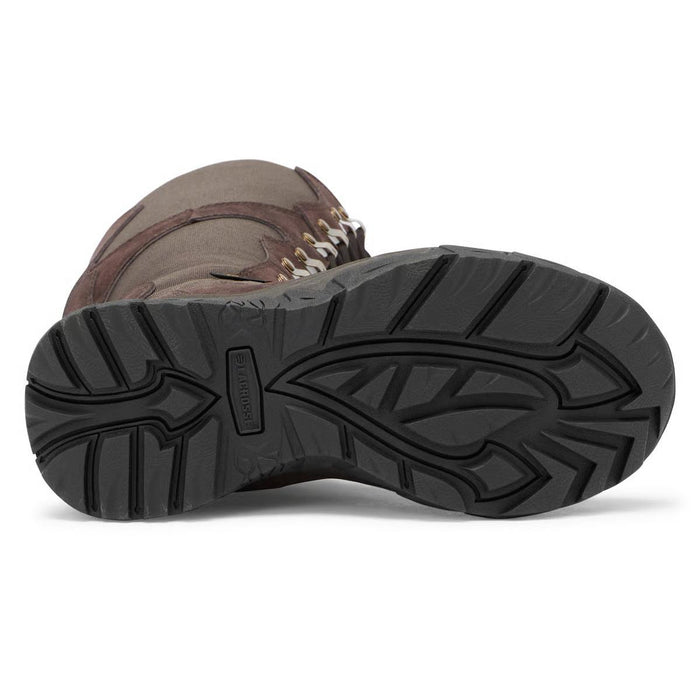 Youth Lacrosse Venom II snake boot in brown suede and nylon with a rugged black rubber outsole and side zipper.