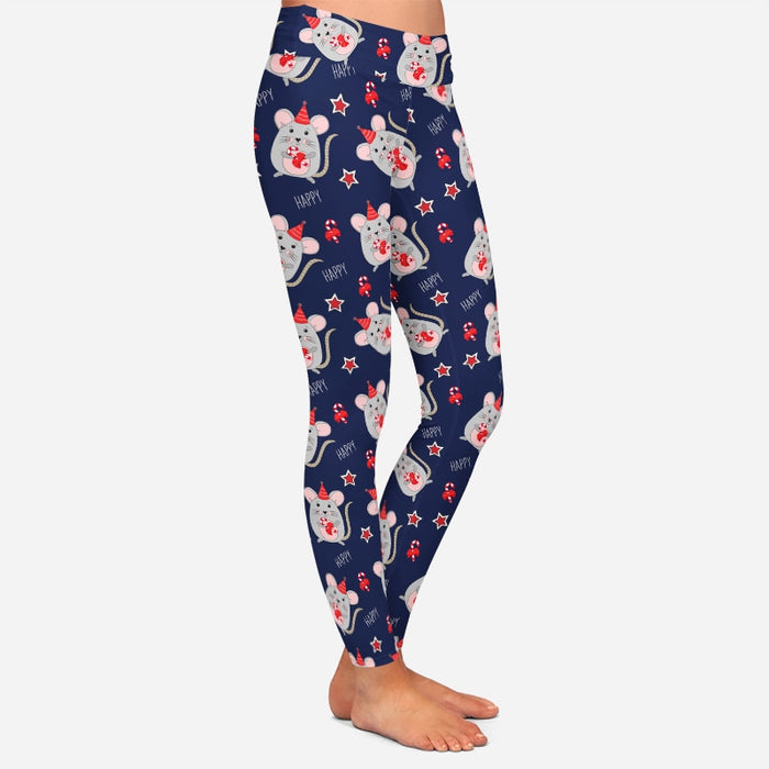 Ladies 3D Happy New Year Cute Mouse With Candy Printed Leggings