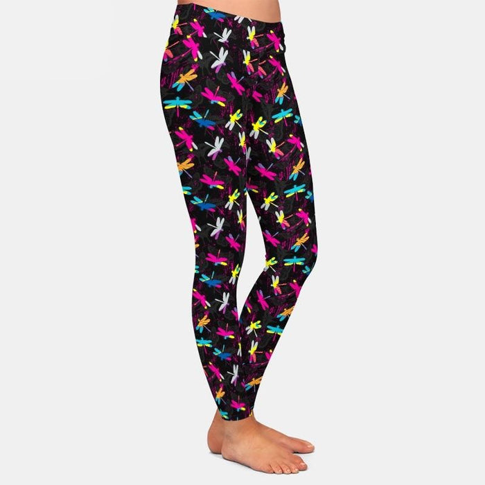 Ladies 3D Rainbow Dragonflies Digital Printed Leggings