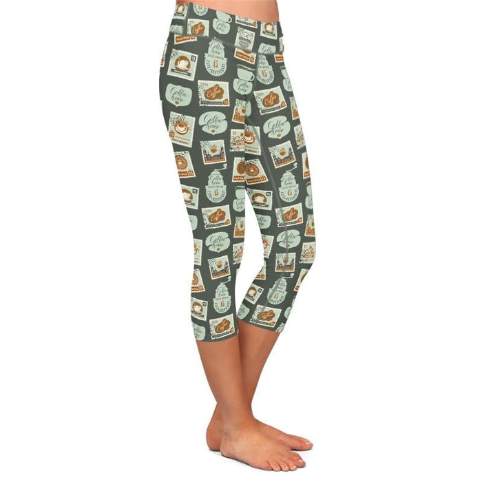 Ladies Adorable Coffee Stamps Printed Capri Leggings
