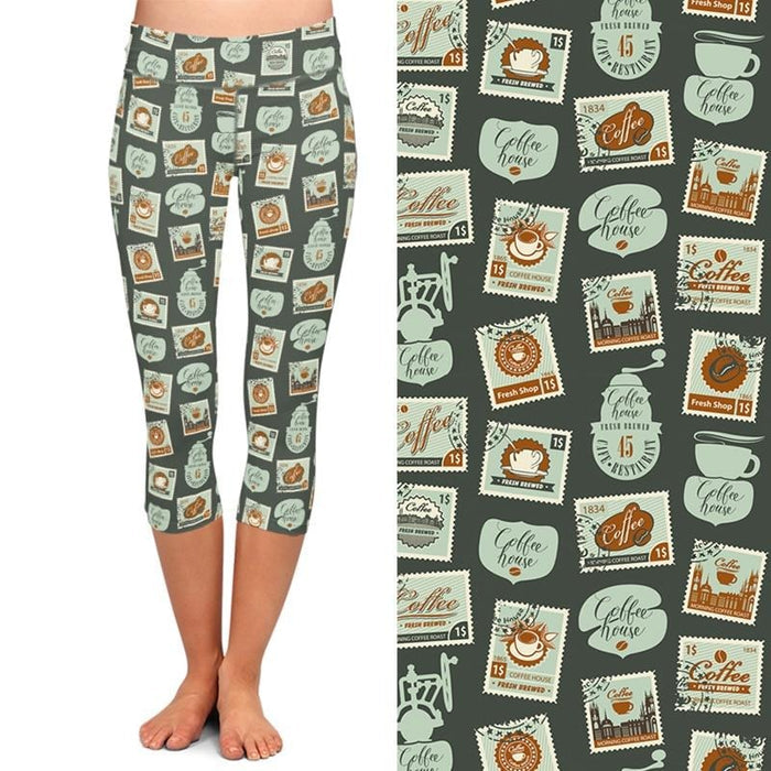 Ladies Adorable Coffee Stamps Printed Capri Leggings