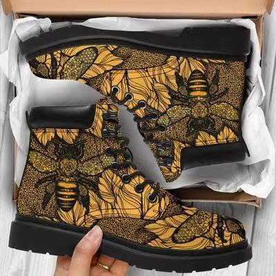 Ladies Flowers & Bees Designed Fashion Printed Lace-Up Boots
