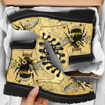 Ladies Flowers & Bees Designed Fashion Printed Lace-Up Boots