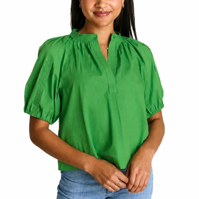Bright green cotton poplin Henley top with draped puff sleeves, elastic cuffs, and an open neckline.