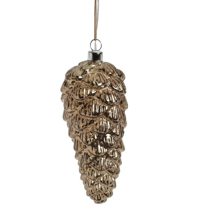 Antique dark gold glass pinecone Christmas ornament with a textured finish and hanging loop.