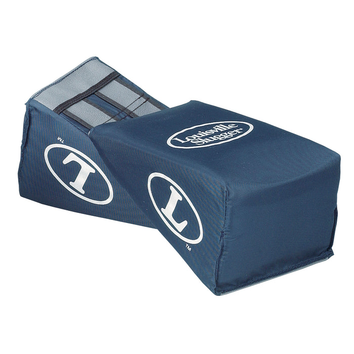 Louisville Slugger Catcher's Knee Wedge Supports (LSKW) are navy blue with white L logos and Louisville Slugger text, featuring adjustable straps for a secure fit.