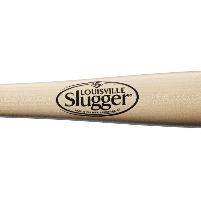 Close-up of the Louisville Slugger Fungo K100 36" Wood Training Bat (WBL271101036), showing its light wooden barrel and the Louisville Slugger logo stamped in black.