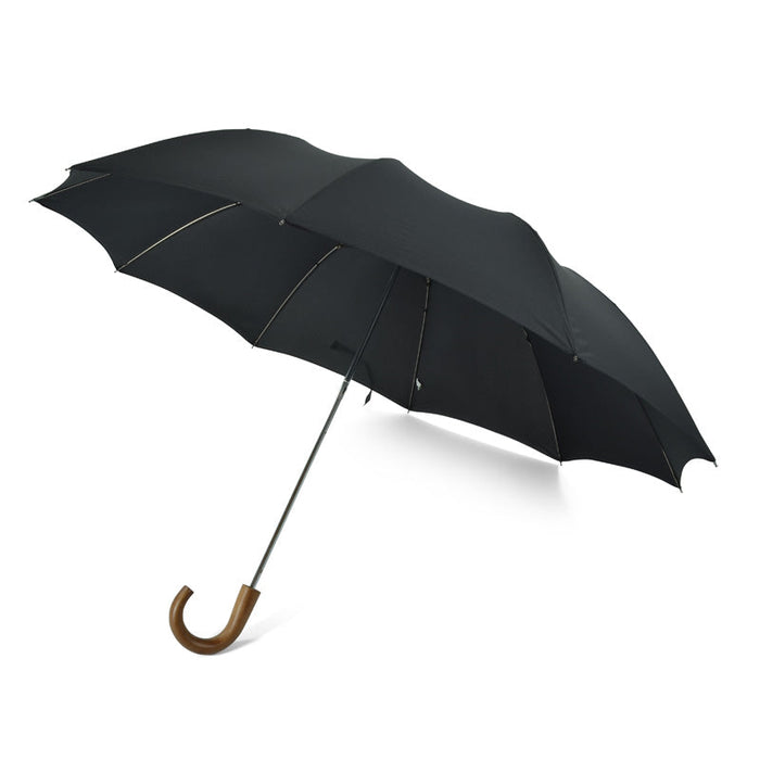 Black automatic telescopic umbrella with a classic maple crook handle and sturdy steel frame on a white background.