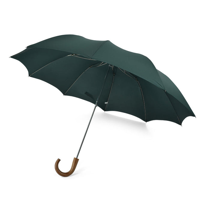 Dark green telescopic umbrella with a classic maple crook handle and sturdy steel frame on a white background.