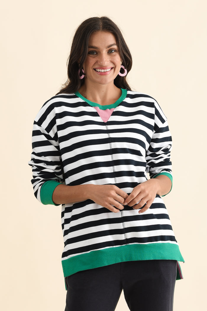 Maps Navy Stripe Cotton Crewneck Sweatshirt,Brunette model,alt text|model:Brontie