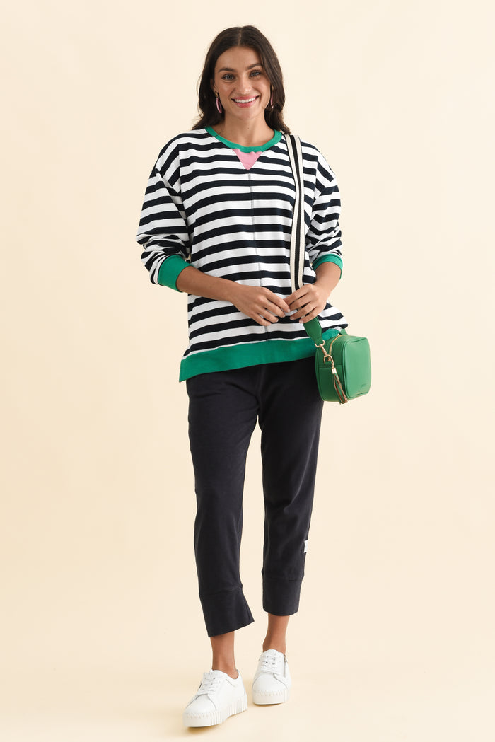Maps Navy Stripe Cotton Crewneck Sweatshirt,Brunette model,alt text|model:Brontie