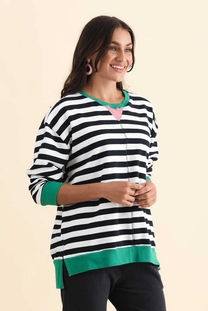 Maps Navy Stripe Cotton Crewneck Sweatshirt,Brunette model,alt text|model:Brontie