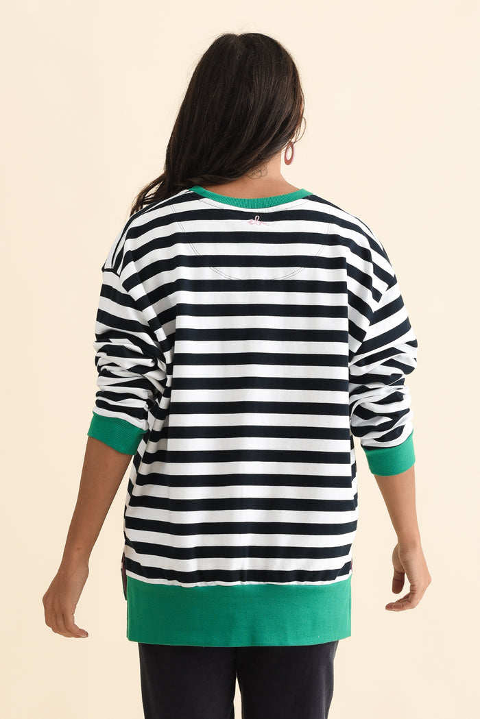 Maps Navy Stripe Cotton Crewneck Sweatshirt,Brunette model,alt text|model:Brontie