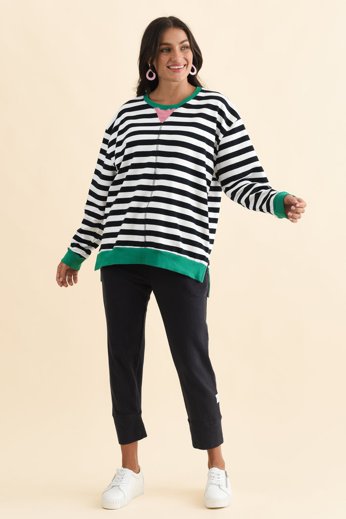 Maps Navy Stripe Cotton Crewneck Sweatshirt,Brunette model,alt text|model:Brontie