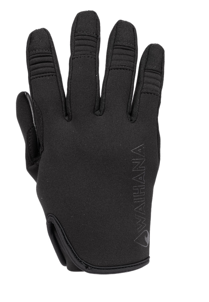Waihana Maritime Tactical Glove in black neoprene, palm-facing view showing ribbed finger articulation and embossed Waihana logo on the back of the hand.