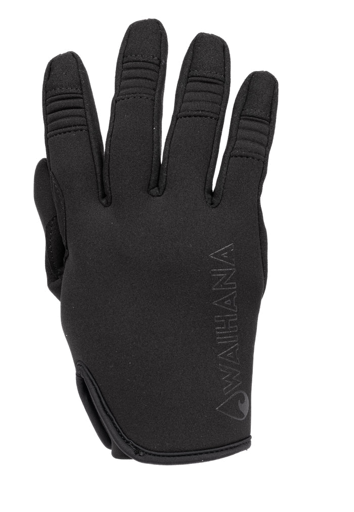 Waihana Maritime Tactical Glove in black displayed palm-facing-up on a white background, featuring ribbed knuckle detailing and embossed Waihana logo on the wrist.