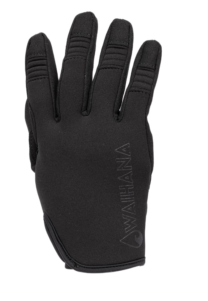 Waihana Maritime Tactical Glove in black, palm-facing view, showing reinforced finger joints and embossed Waihana logo on the back of the hand.